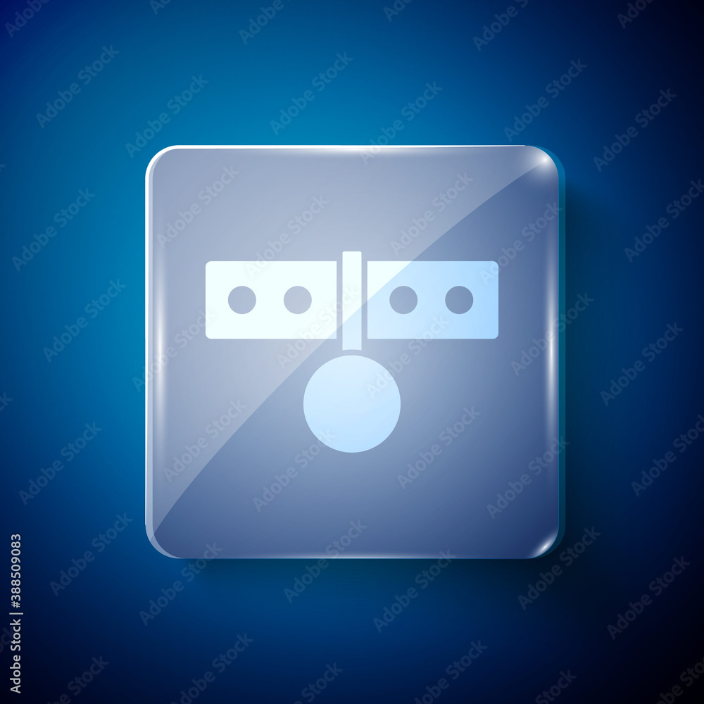 White Collar with name tag icon isolated on blue background. Simple supplies for domestic animal. Cat and dog care. Pet chains. Square glass panels. Vector.