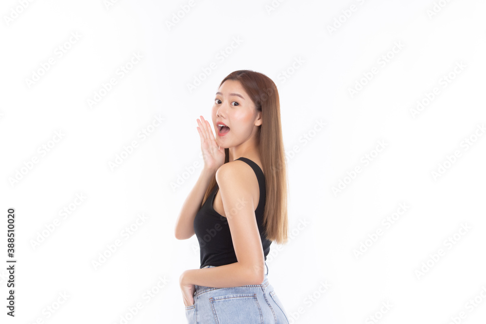 Fashion of a beautiful young Asian woman in a pretty black vest and blue jeans summer fashion style feeling smile and happy on white background. Fashion of a beautiful young Asian woman in a pretty black vest and blue jeans summer fashion style feeling smile and happy on white background.
