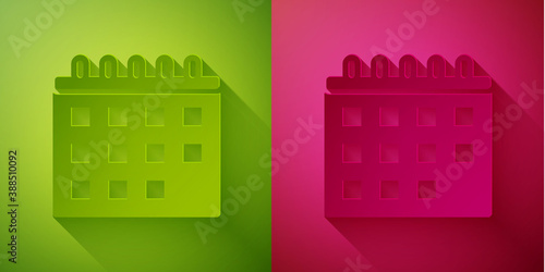 Paper cut Calendar icon isolated on green and pink background. Event reminder symbol. Paper art style. Vector.