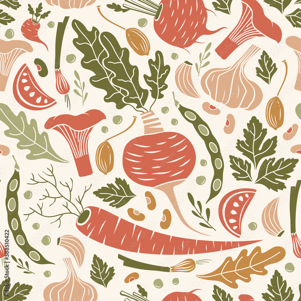 Seamless pattern with vegetables and mushrooms