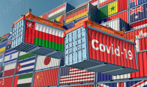 Container with Coronavirus Covid-19 text on the side and container with Oman Flag. 3D Rendering © Marius Faust