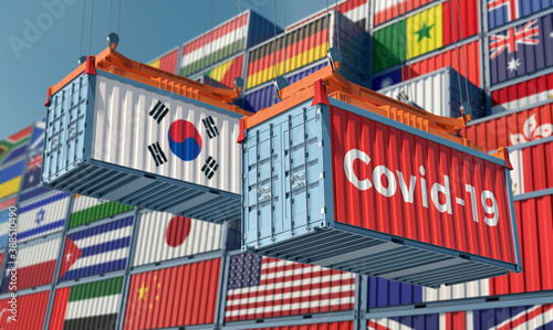 Container with Coronavirus Covid-19 text on the side and container with South Korea Flag. 3D Rendering © Marius Faust