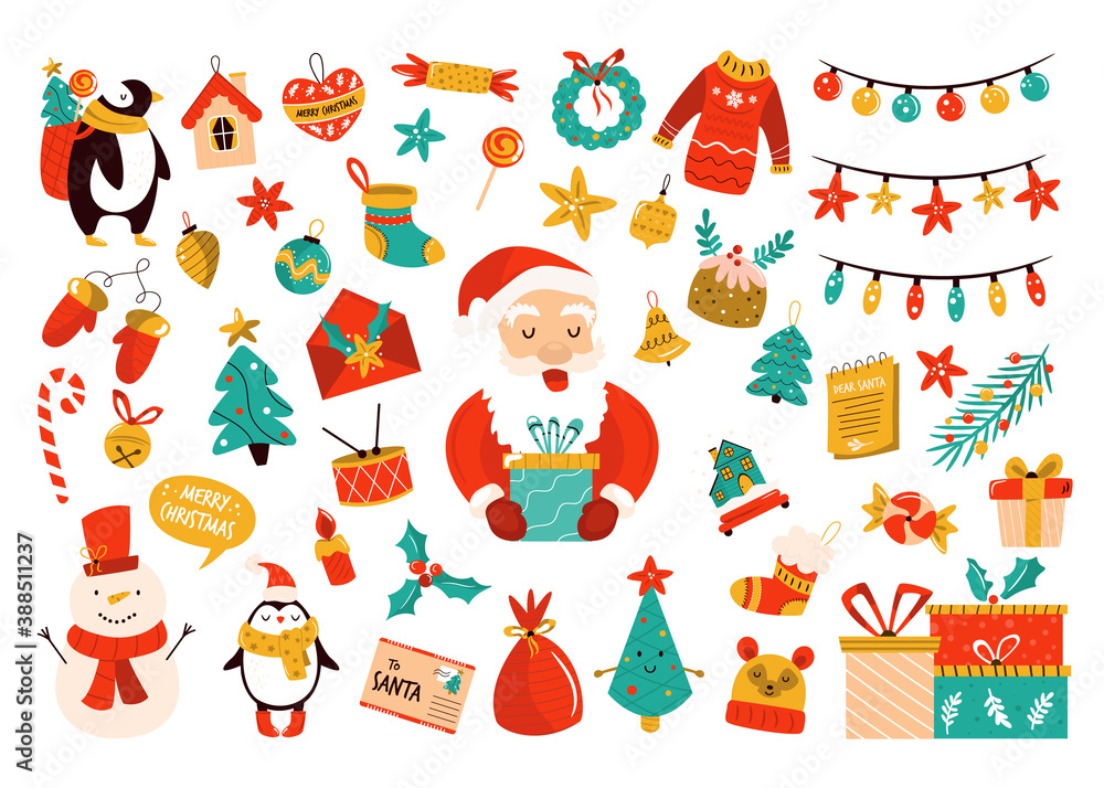 Holiday set with Santa Claus, cute snowman and decorative Christmas elements. Festive vector illustrations