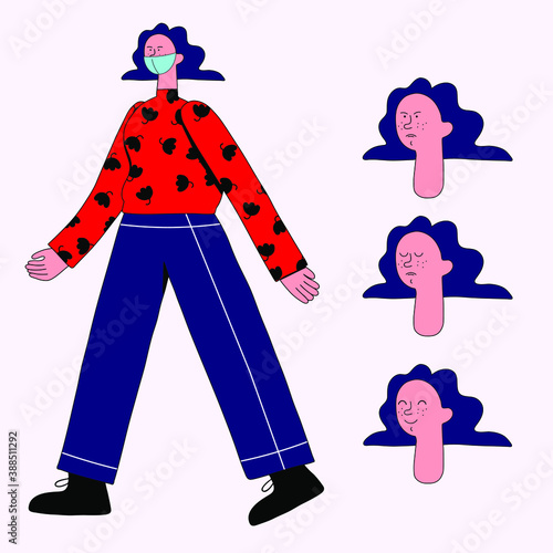 vector illustration eps8 - girl character in doodle style. Great for game and video animation - set frames with different face emotion. Woman in trousers and a sweater with flowers.