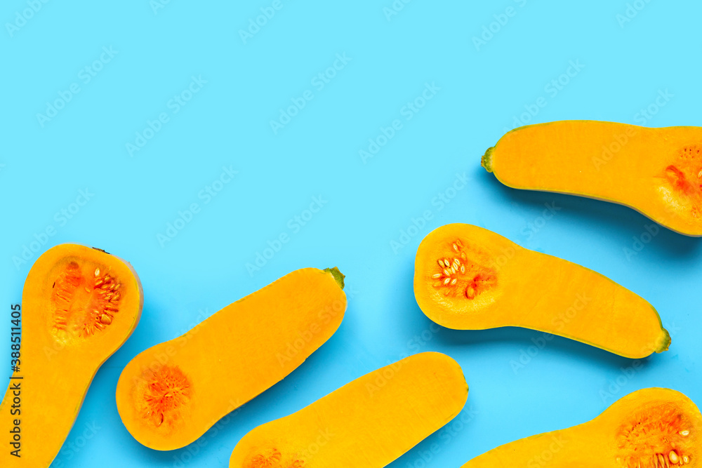 Butternut squash on blue background. Copy space Butternut squash on blue background. Copy space