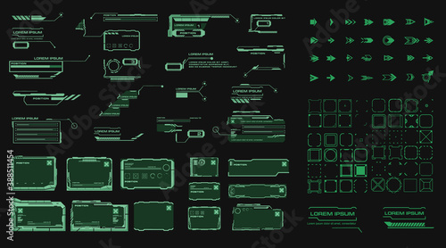 Futuristic HUD elements with link boxes, arrows, callouts, headers, pointers, borders, info fields and boxes. Set of Elements for Modern HUD Interface. Vector