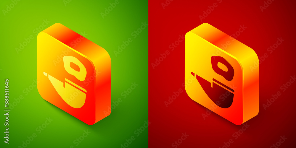 Isometric Smoking pipe with smoke icon isolated on green and red background. Tobacco pipe. Square button. Vector. Isometric Smoking pipe with smoke icon isolated on green and red background. Tobacco pipe. Square button. Vector.