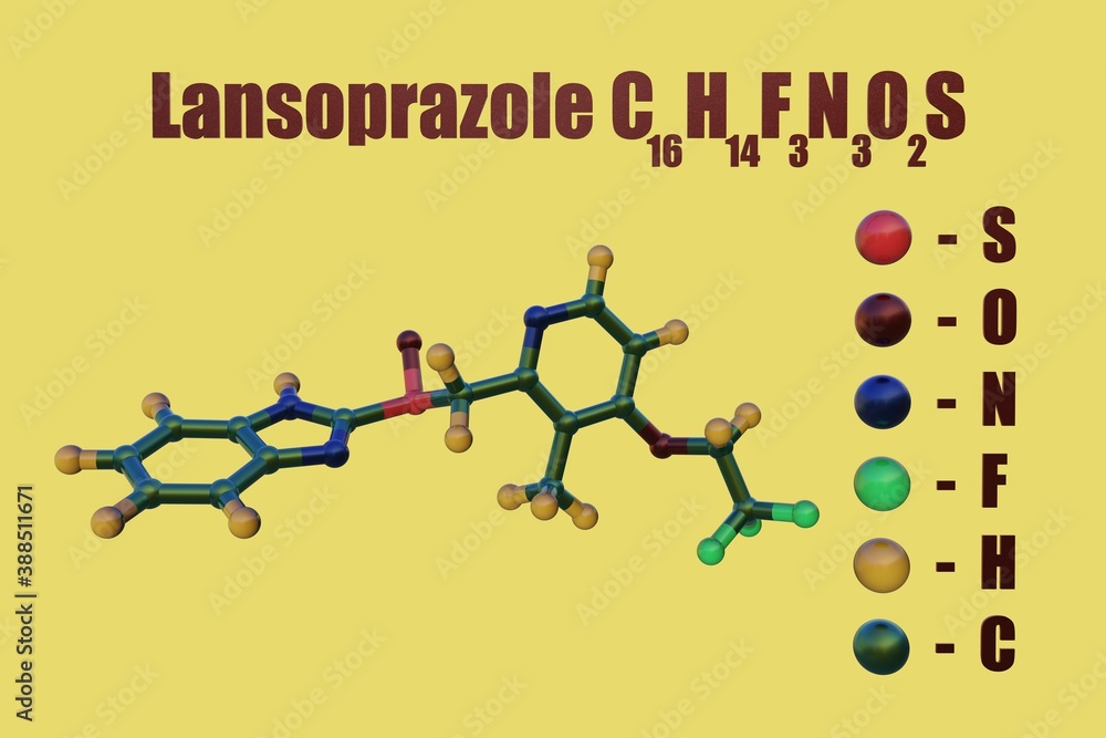 structural-chemical-formula-and-molecular-model-of-lansoprazole-a