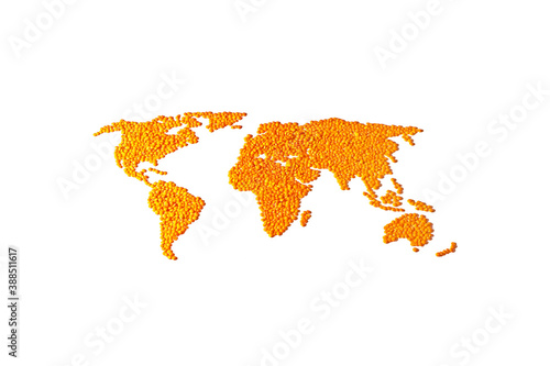 World map made from lentil grains. Grains card isolated on white background