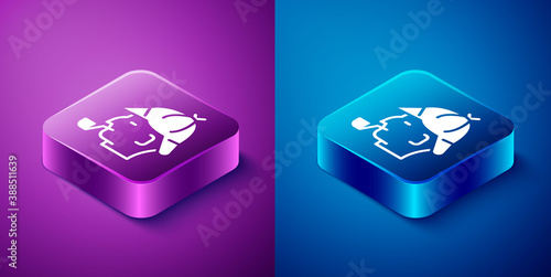 Isometric Sherlock Holmes with smoking pipe icon isolated on blue and purple background. Detective. Square button. Vector.