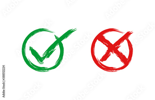 Acceptance and rejection symbol vector buttons for vote, election choice. Circle brush stroke borders. Symbolic OK and X icon isolated on transparent.Tick and cross signs, checkmarks design