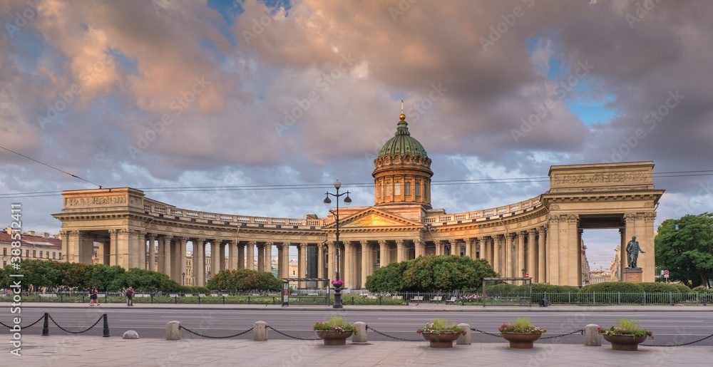 Kazan Cathedral in St. Petersburg at sunrise with beautiful sky