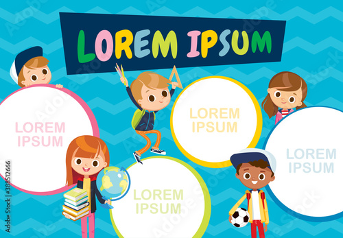 School time table template with male and female classmates pupils characters on background. Children boys girls fooling around, having fun in fine good mood, play around, studying. Childhood, friends.
