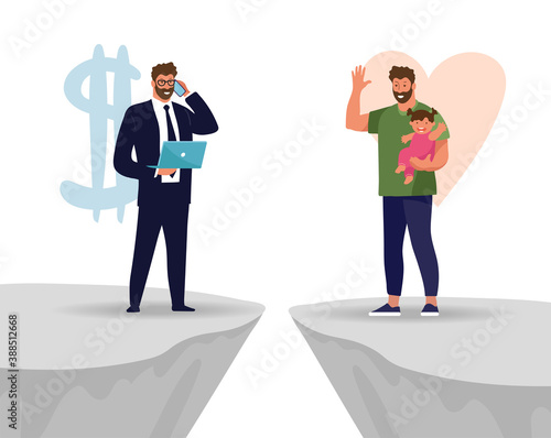 A man chooses between family and work. The problem of male priorities between career and family, business or health. Flat vector illustration.