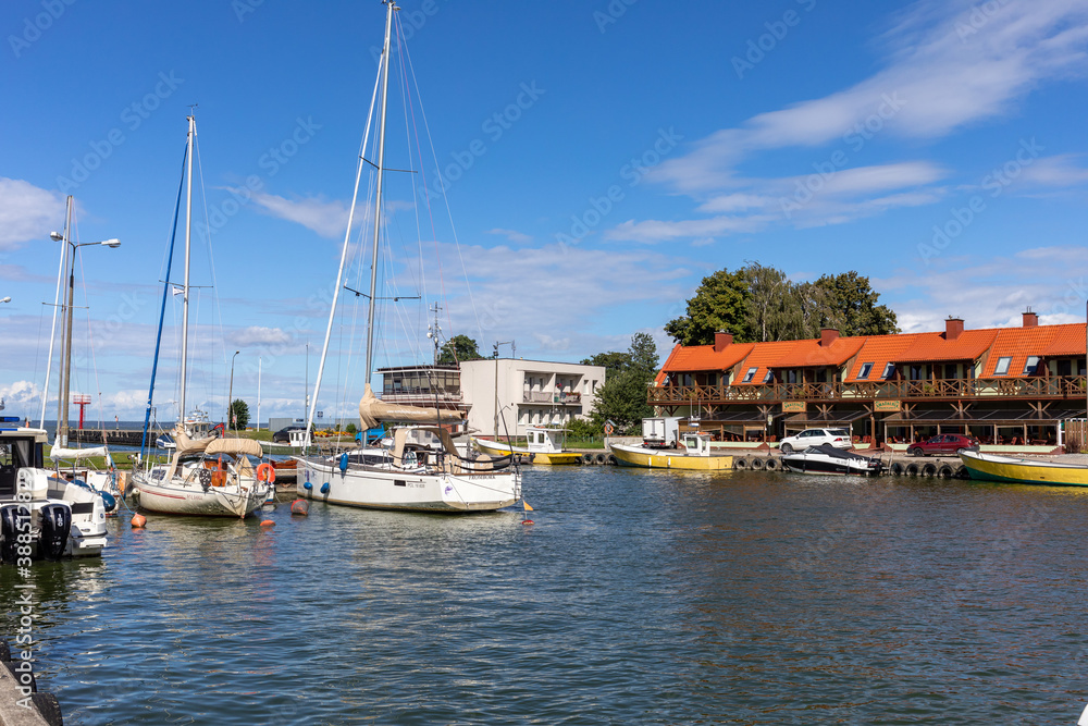 Marina and harbor for fishing boats in Frombrok on Vistula Lagoon. Poland.