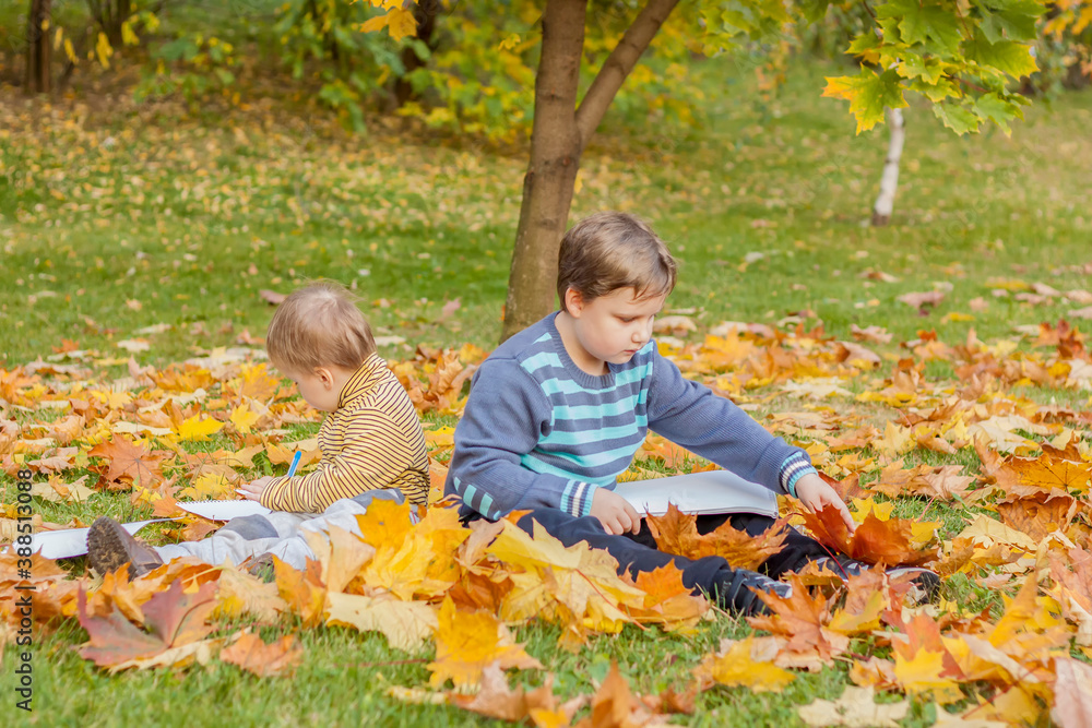 Children play in the autumn Park. The kids throw yellow leaves. Baby boy with a maple leaf. Autumn foliage. Family outdoor activities in the fall. Children play in the autumn Park. The kids throw yellow leaves. Baby boy with a maple leaf. Autumn foliage. Family outdoor activities in the fall.