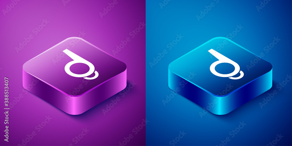 Isometric Whistle icon isolated on blue and purple background. Referee symbol. Fitness and sport sign. Square button. Vector. Isometric Whistle icon isolated on blue and purple background. Referee symbol. Fitness and sport sign. Square button. Vector.