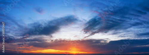Dramatic sunset sky with clouds. Panorama.