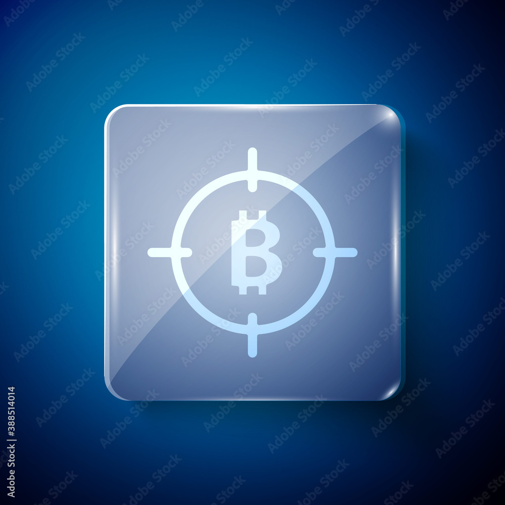 White Bitcoin in the target icon isolated on blue background. Investment target icon. Square glass panels. Vector. White Bitcoin in the target icon isolated on blue background. Investment target icon. Square glass panels. Vector.