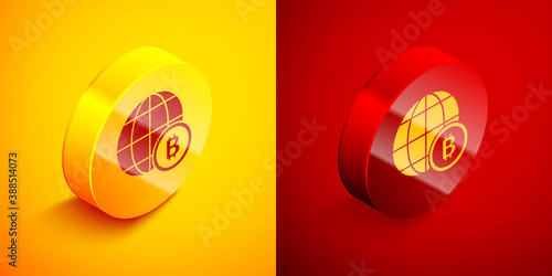 Isometric Globe and cryptocurrency coin Bitcoin icon isolated on orange and red background. Physical bit coin. Blockchain based secure crypto currency. Circle button. Vector.