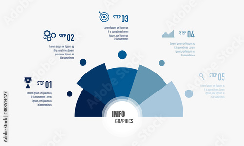 Modern blue infographics design in half circle, pie chart with 5 options, business icons and text box, presentation and web template