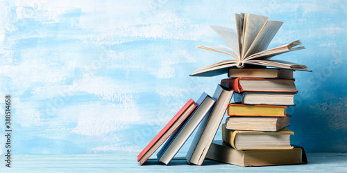 Books on wooden desk table and abstract background. Education background. Copy Space. Back to school.