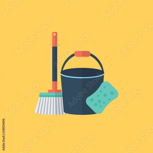 
Bucket with mop and sponge, cleaning services flat icon

