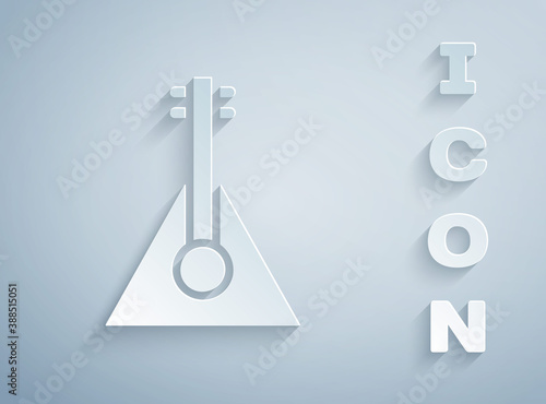 Paper cut Musical instrument balalaika icon isolated on grey background. Paper art style. Vector.
