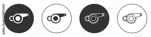 Black Whistle icon isolated on white background. Referee symbol. Fitness and sport sign. Circle button. Vector.
