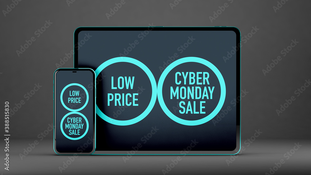 Fototapeta premium Tablet and mobile mockup for Cyber Monday on black background