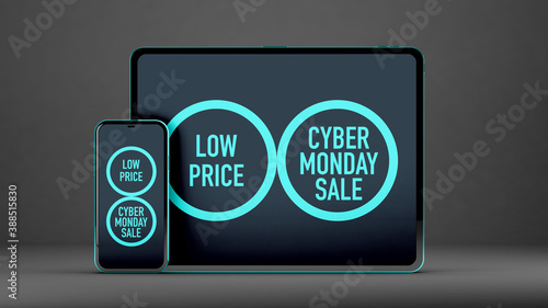 Tablet and mobile mockup for Cyber Monday on black background