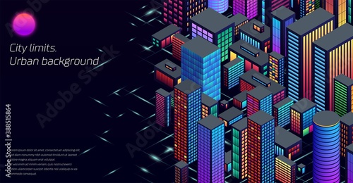 Background with city view with isometric perspective and vibrant neon colors