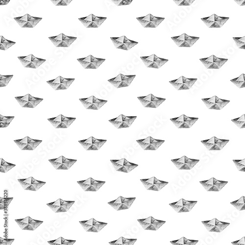 Paper boat watercolor seamless pattern. Black and white