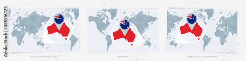Three versions of the World Map with the enlarged map of Australia with flag.