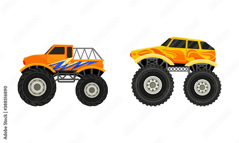 Bright Monster Trucks with Oversized Tires Vector Set