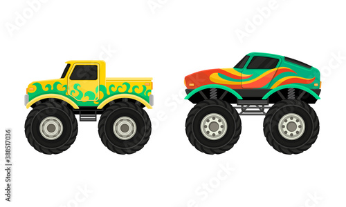Bright Monster Trucks with Oversized Tires Vector Set © Happypictures