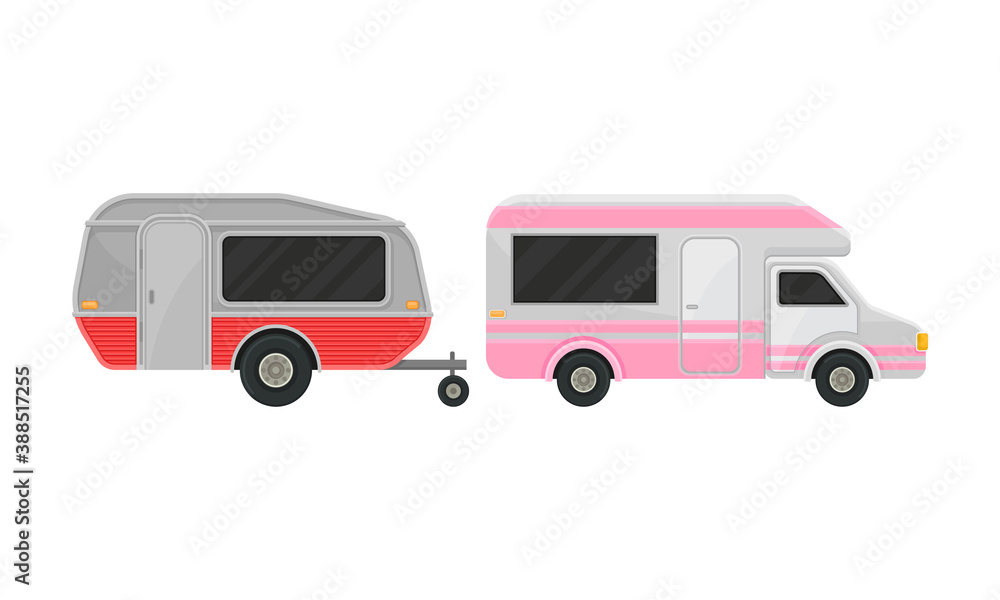 Caravan or Camper Trailer as Towed Vehicle with Place for Sleeping Vector Set