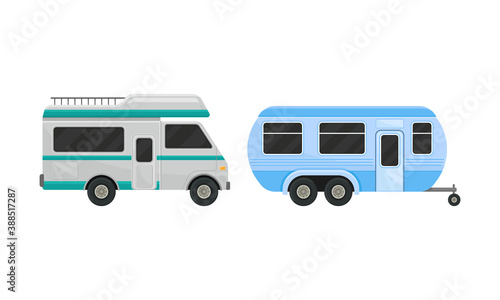 Caravan or Camper Trailer as Towed Vehicle with Place for Sleeping Vector Set © Happypictures