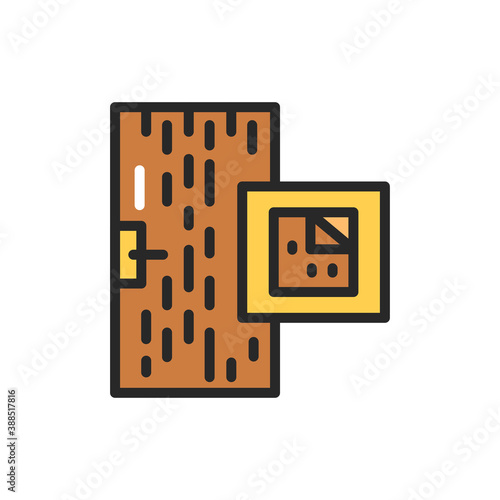 View closed entrance doors doors with chipboard coating color line icon. Isolated vector element.