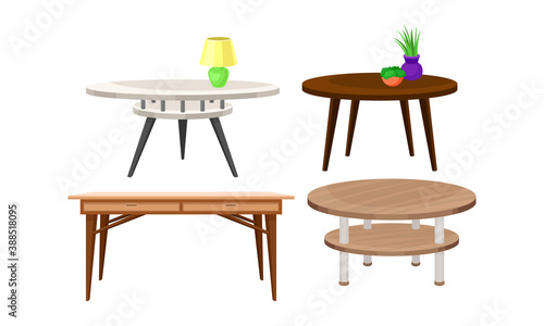 Room Furniture with Desk and Tables Vector Set