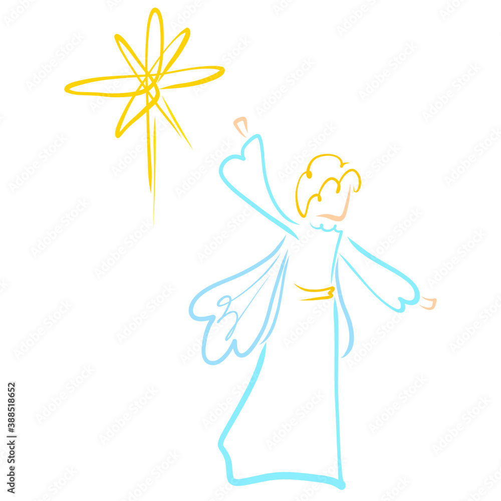 winged angel points to a star shining in the sky