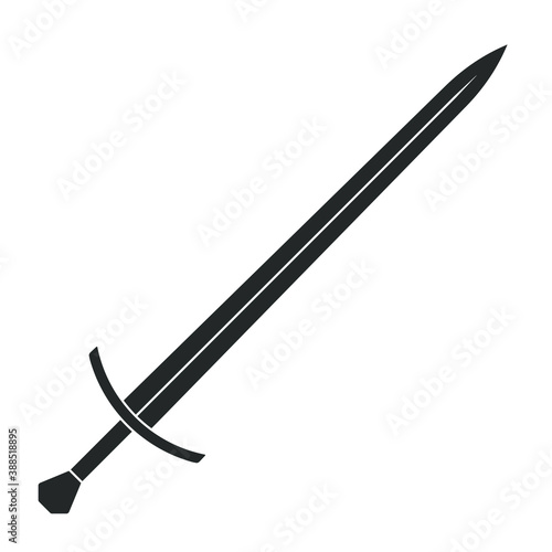 Sword vector illustration icon. Military or heraldry symbol. Protection and security sign. Medieval or knight weapon. Fantasy longsword fencing logo. Clip-art silhouette.