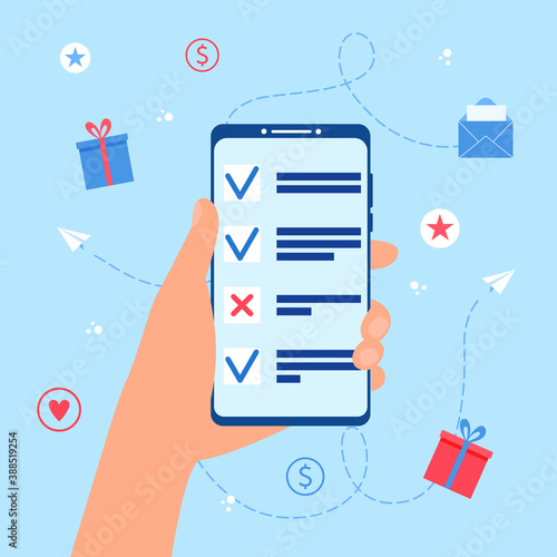 Online survey concept. Hand holding smartphone with questionnaire.