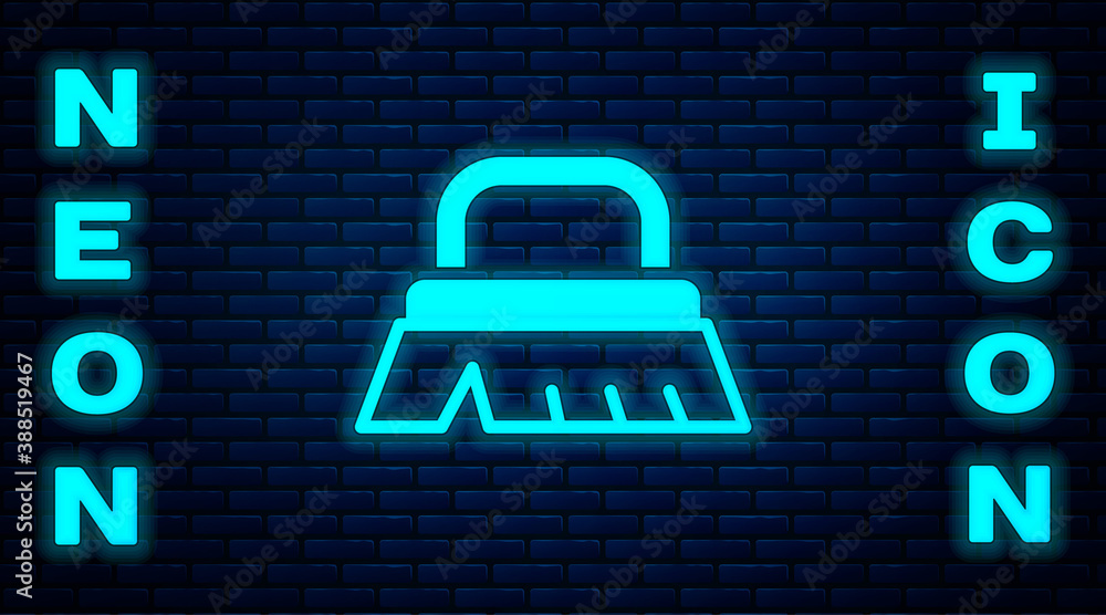 Glowing neon Brush for cleaning icon isolated on brick wall background. Vector. Glowing neon Brush for cleaning icon isolated on brick wall background. Vector.