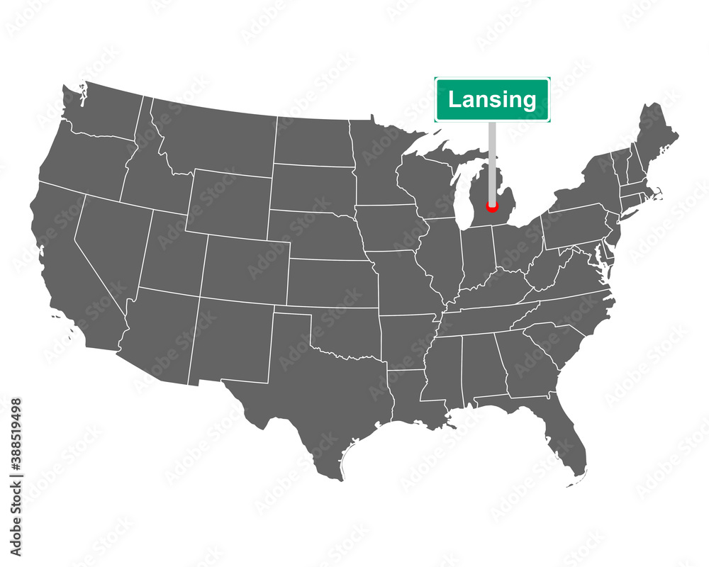 Lansing Ortsschild und Karte der USA