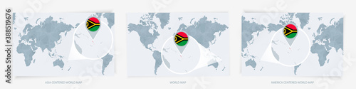 Three versions of the World Map with the enlarged map of Vanuatu with flag.