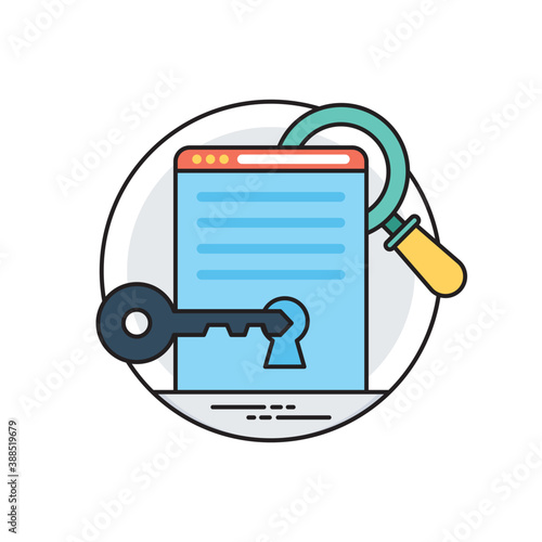 
An unlocking  key on a screen with magnifying glass behind , keyword concept 
