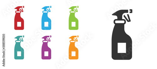 Black Cleaning spray bottle with detergent liquid icon isolated on white background. Set icons colorful. Vector.