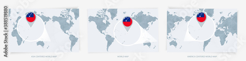 Three versions of the World Map with the enlarged map of Samoa with flag.