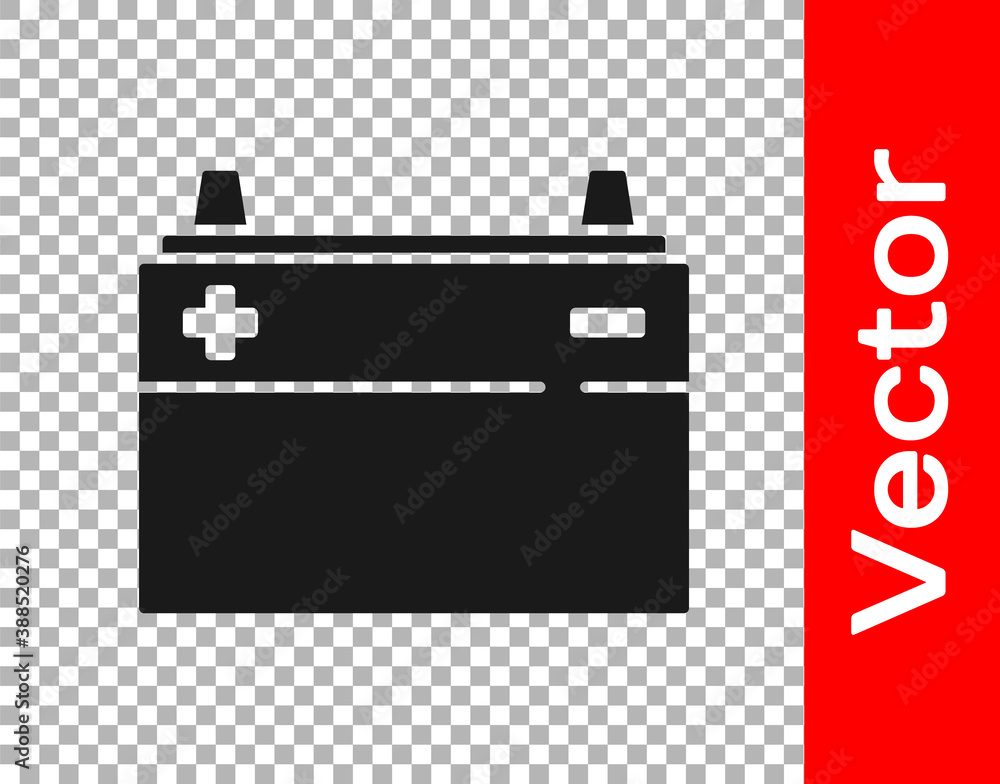Black Car battery icon isolated on transparent background. Accumulator battery energy power and electricity accumulator battery. Vector. Black Car battery icon isolated on transparent background. Accumulator battery energy power and electricity accumulator battery. Vector.